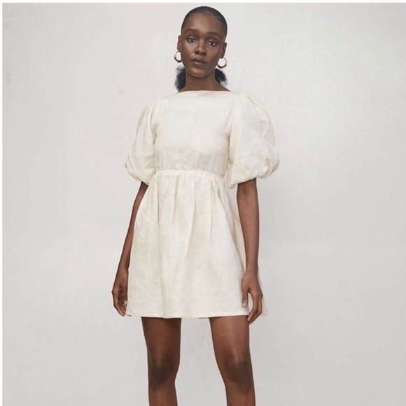 Mie Mini Gozo Dress Sz S Beige Linen Puff Sleeve Strappy Open Back Minimalist - Picture 2 of 13